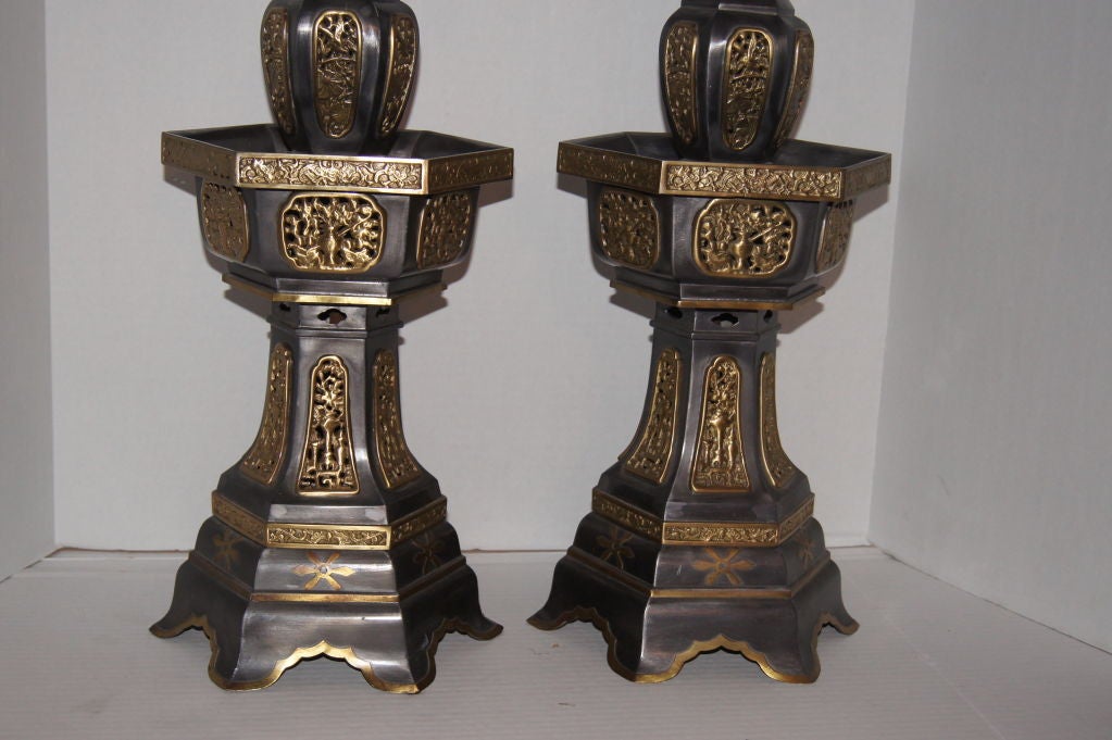 Mid-20th Century Pewter and Gilt Chinese Temple Lamps For Sale