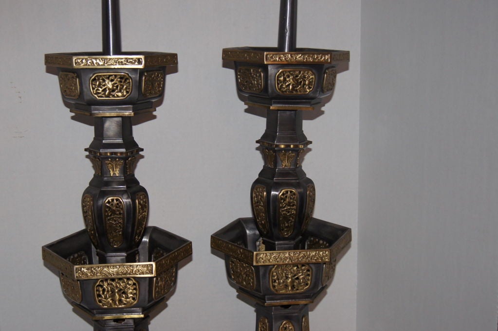 Pewter and Gilt Chinese Temple Lamps For Sale 1