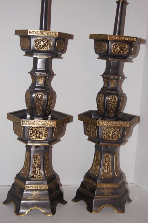 Pewter and Gilt Chinese Temple Lamps For Sale 2