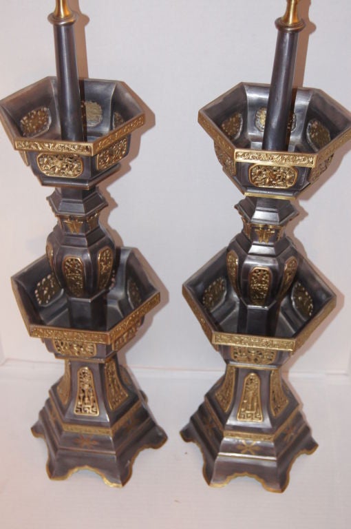 Pewter and Gilt Chinese Temple Lamps For Sale 3