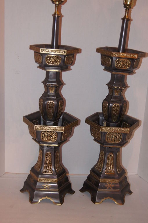 Pewter and Gilt Chinese Temple Lamps For Sale 4