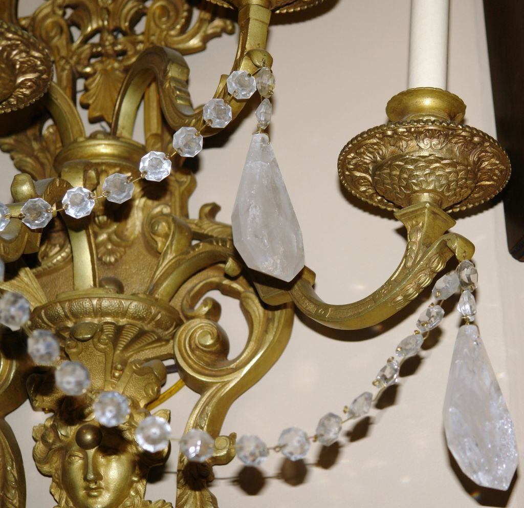 Pair of Bronze Sconces with Rock Crystal Drops For Sale 3