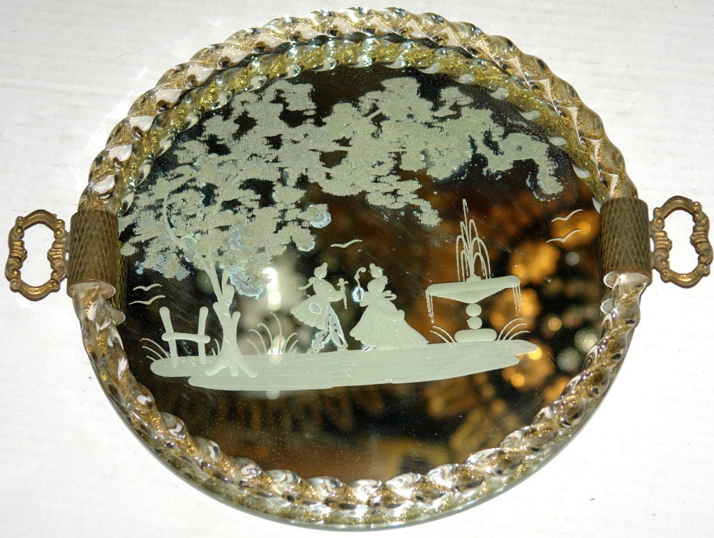 A circa 1940's Venetian mirrored tray with etched landscape. 

Measurements
Width: 14.5