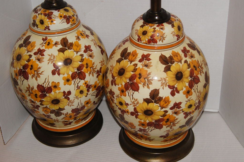 Mid-20th Century Pair of Large Floral Porcelain Lamps For Sale