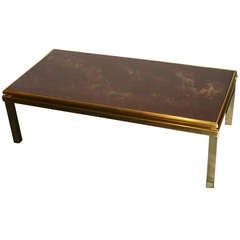 Mid-20th Century Polished Bronze Cocktail Table with Colored Glass Top