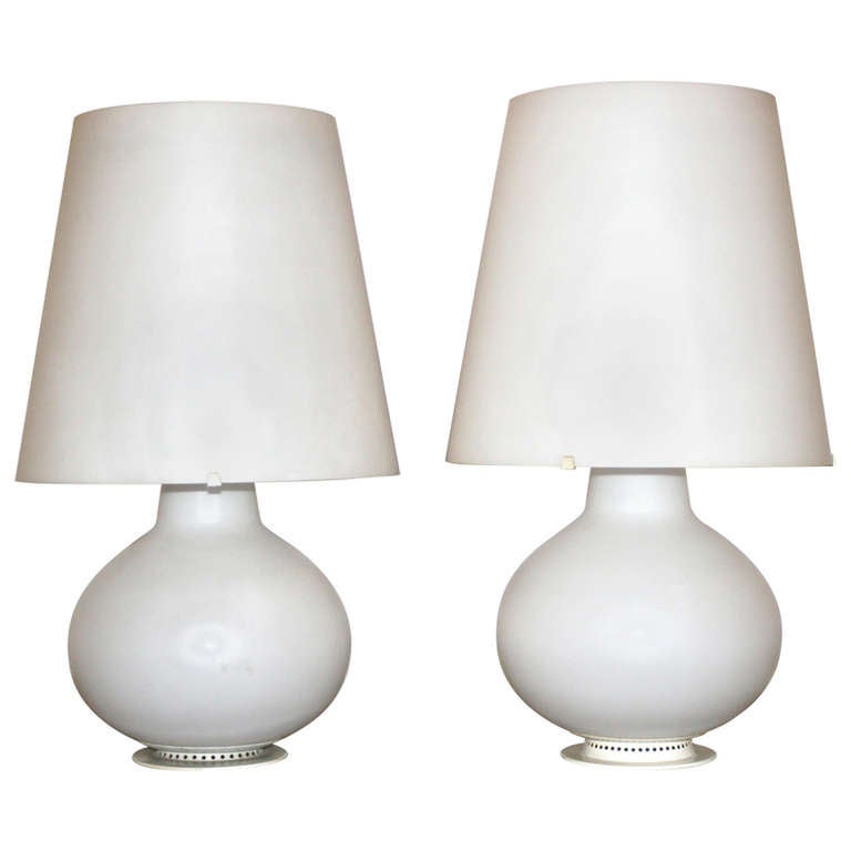 20th Century Matched Pair of White Glass Lamps with Glass Shades For Sale