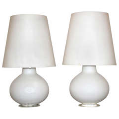 20th Century Matched Pair of White Glass Lamps with Glass Shades