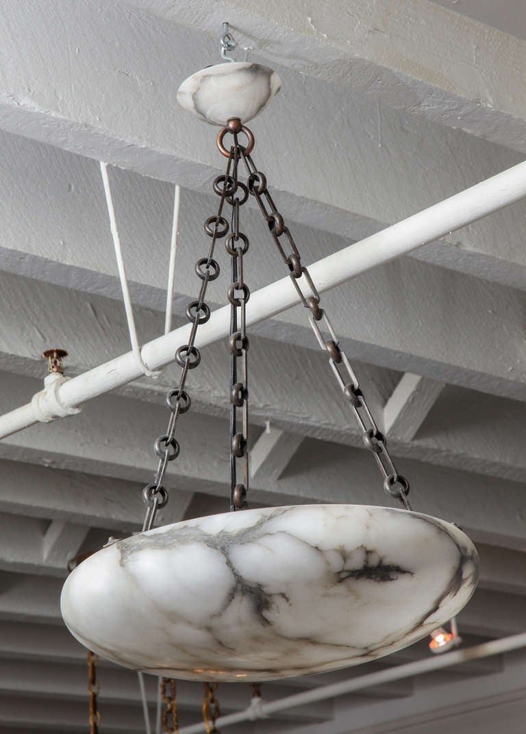 20th Century alabaster chandelier with link chain and alabaster canopy