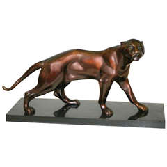 Early 20th Century Bronze Panther on Black Marble, 
Dauterive
