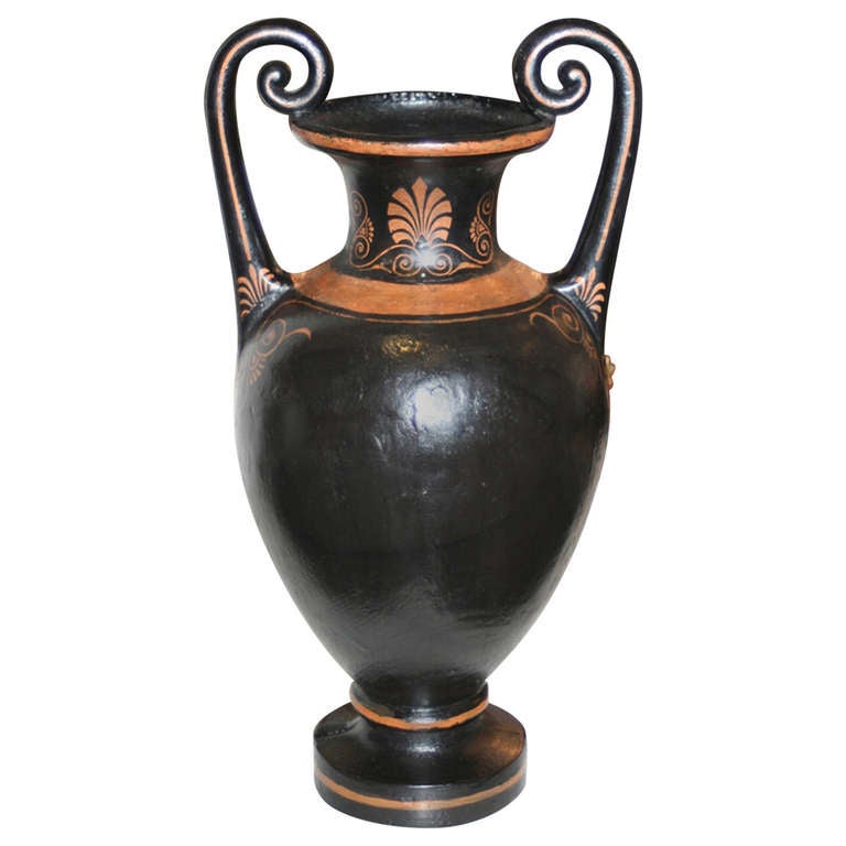 19th Century Black Painted Terracotta Amphora Shaped Vase For Sale at