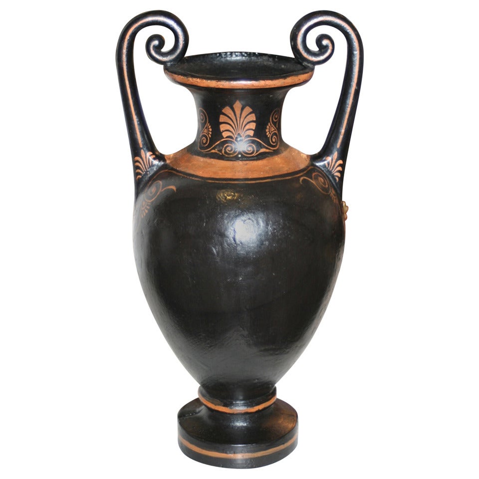 19th Century Black Painted Terracotta Amphora Shaped Vase