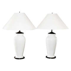 Pair of Opaline Milk Glass Vase Shaped Lamps, Brass Bases