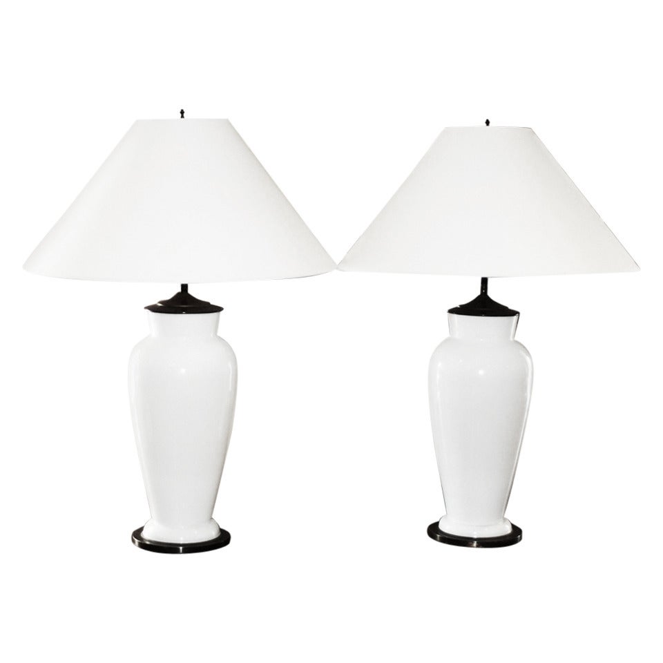 Pair of Opaline Milk Glass Vase Shaped Lamps, Brass Bases