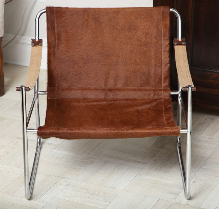 French Midcentury Deerskin and Chrome Chair For Sale