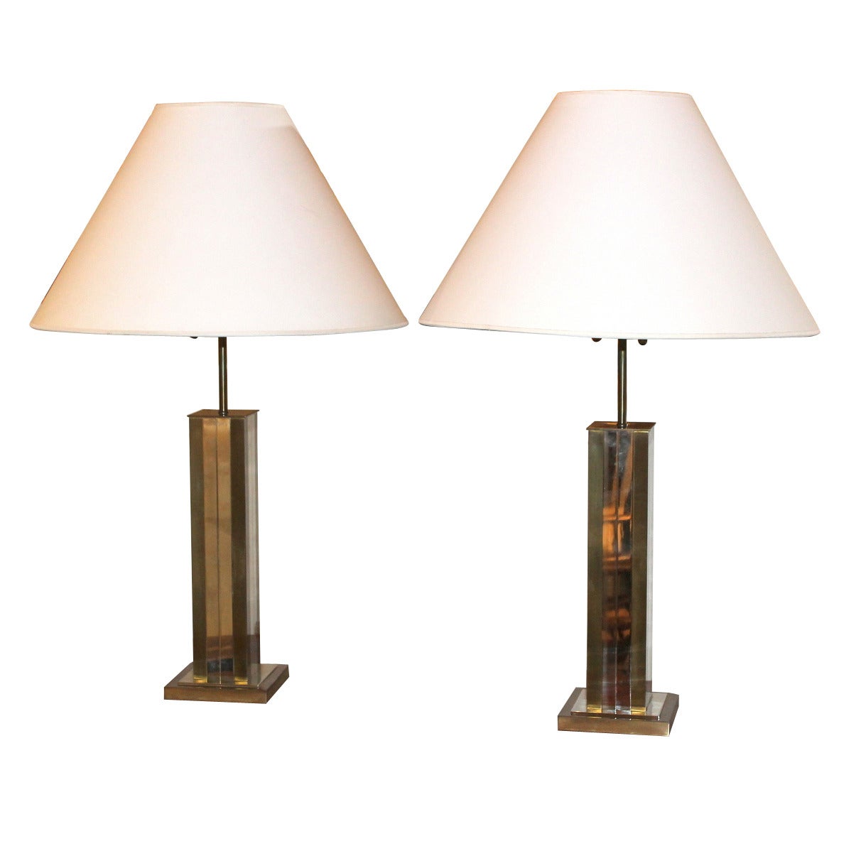Pair of Mid-20th Century Brass and Chrome Column Lamps