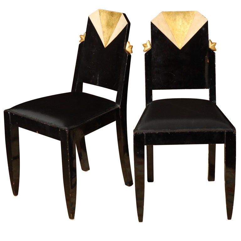 Pair of Art Deco Black Lacquer and Gold Leaf Chairs, France, circa 1920s