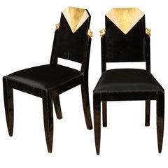 Antique Pair of Art Deco Black Lacquer and Gold Leaf Chairs, France, circa 1920s