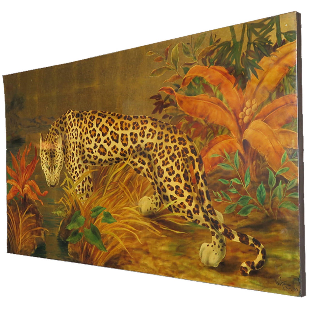 Rectangular wooden lacquer panel displaying a Leopard in the Savannah with gold leaf background. Attributed to Jacques Cartier (Grandson of founder of Cartier) from France 1953. the piece is titled 
