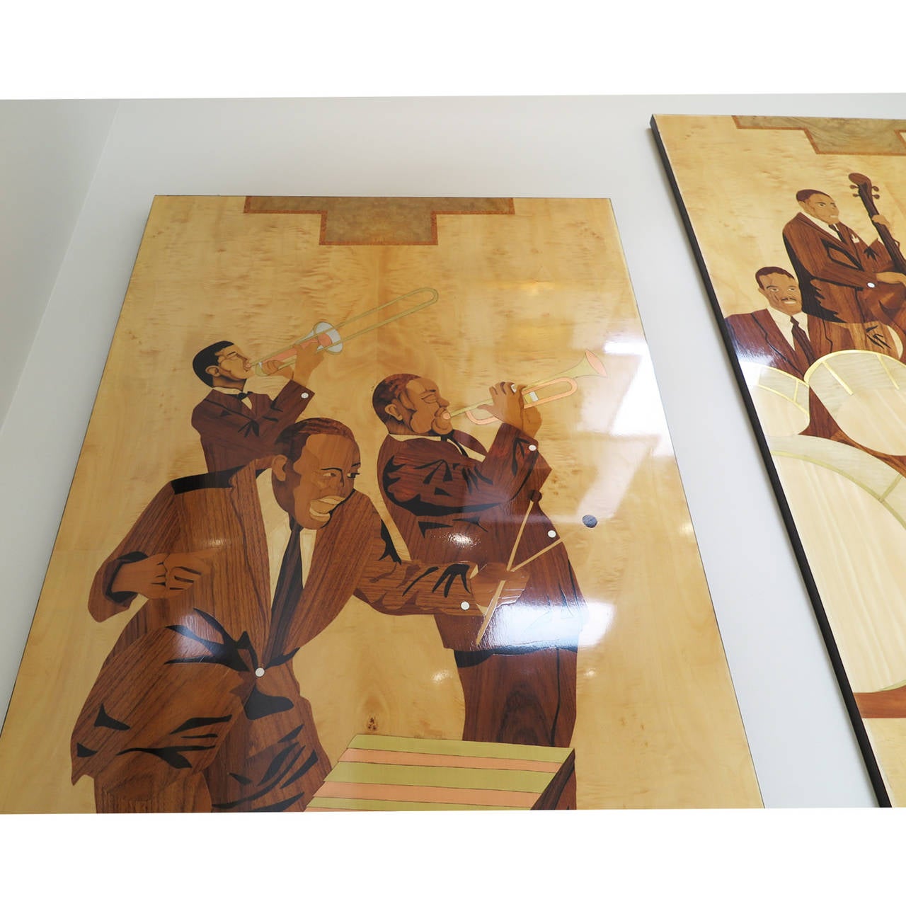 Birdseye Maple Set of Four Marquetry Panels of Louis Armstrong's Band from Paris