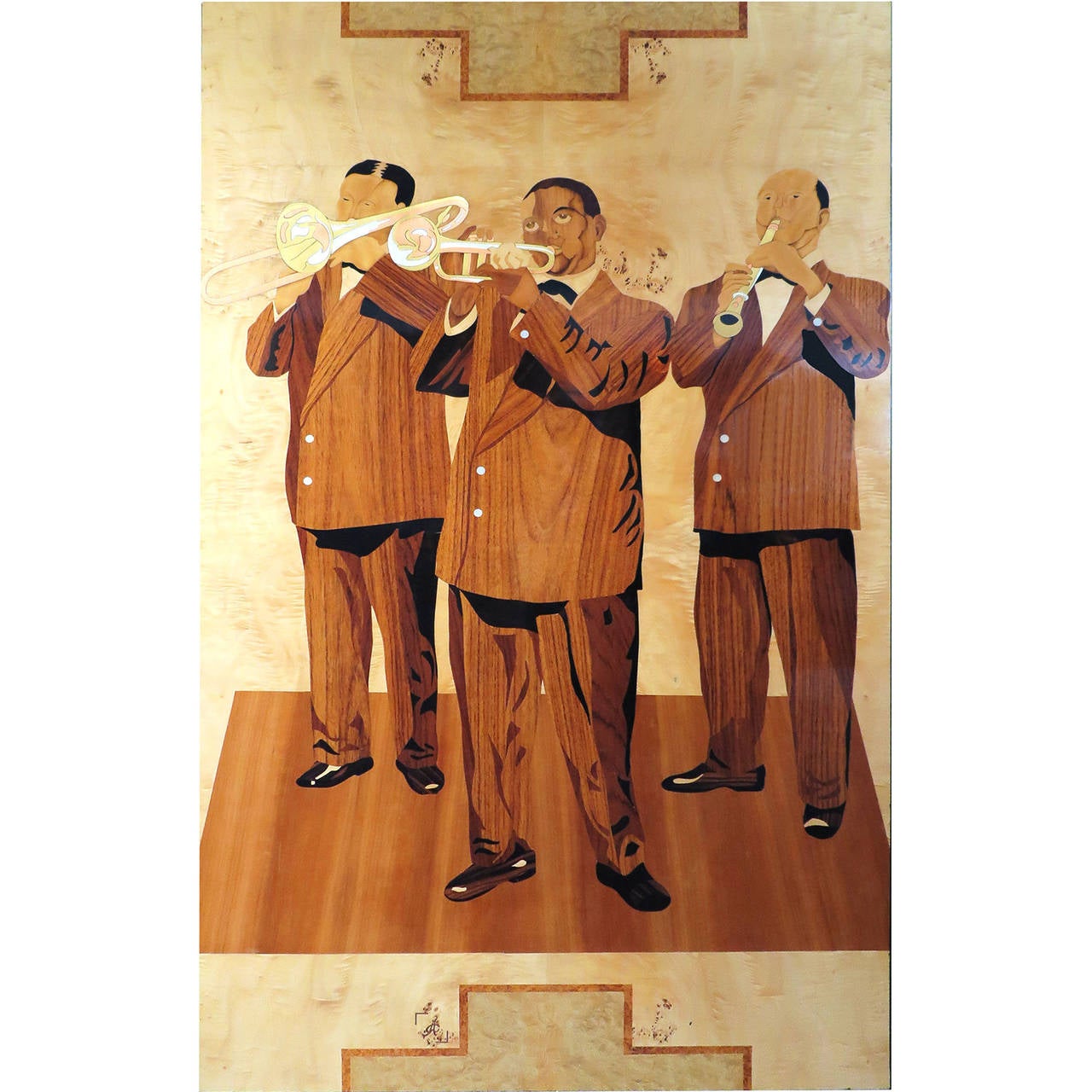 Art Deco Set of Four Marquetry Panels of Louis Armstrong's Band from Paris