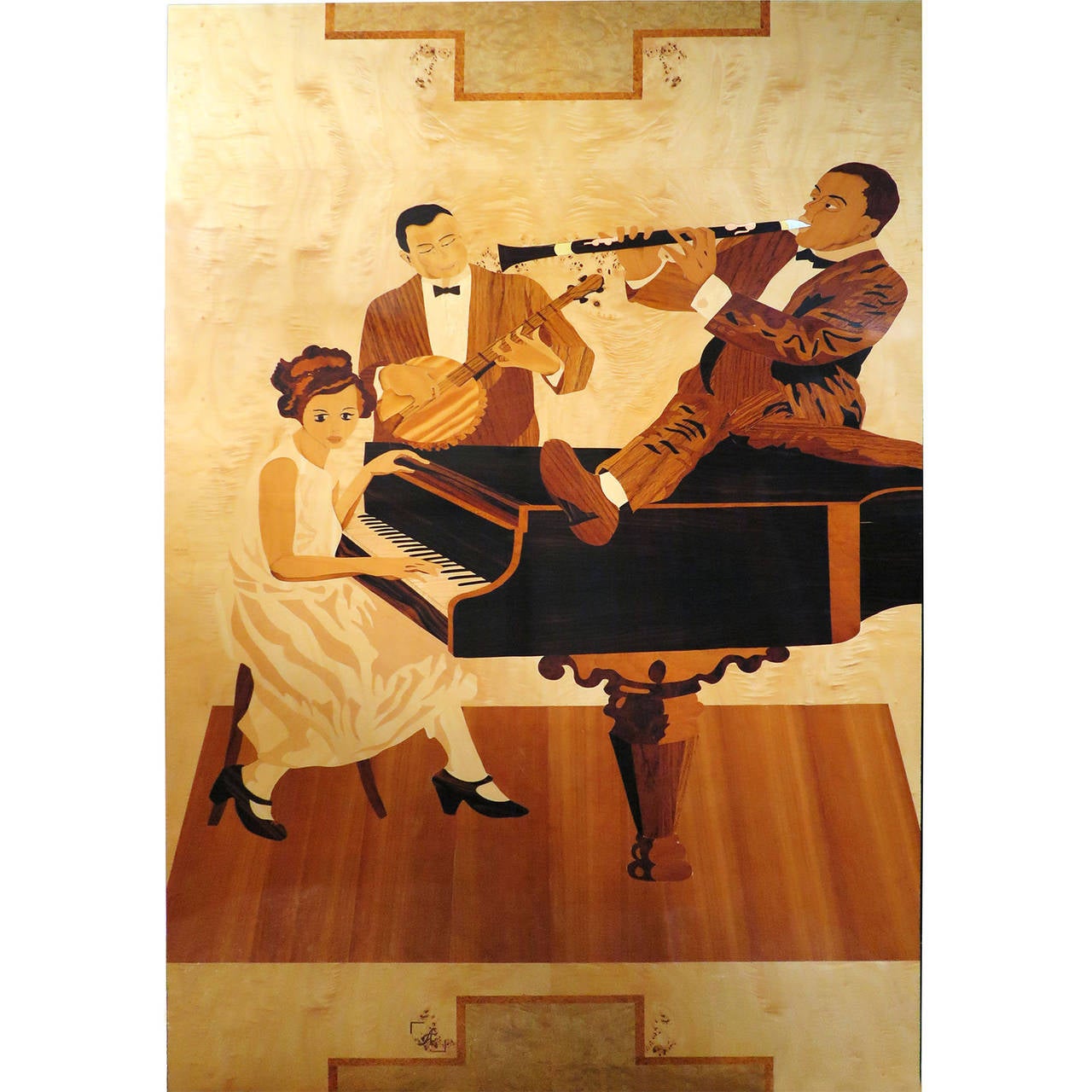 French Set of Four Marquetry Panels of Louis Armstrong's Band from Paris
