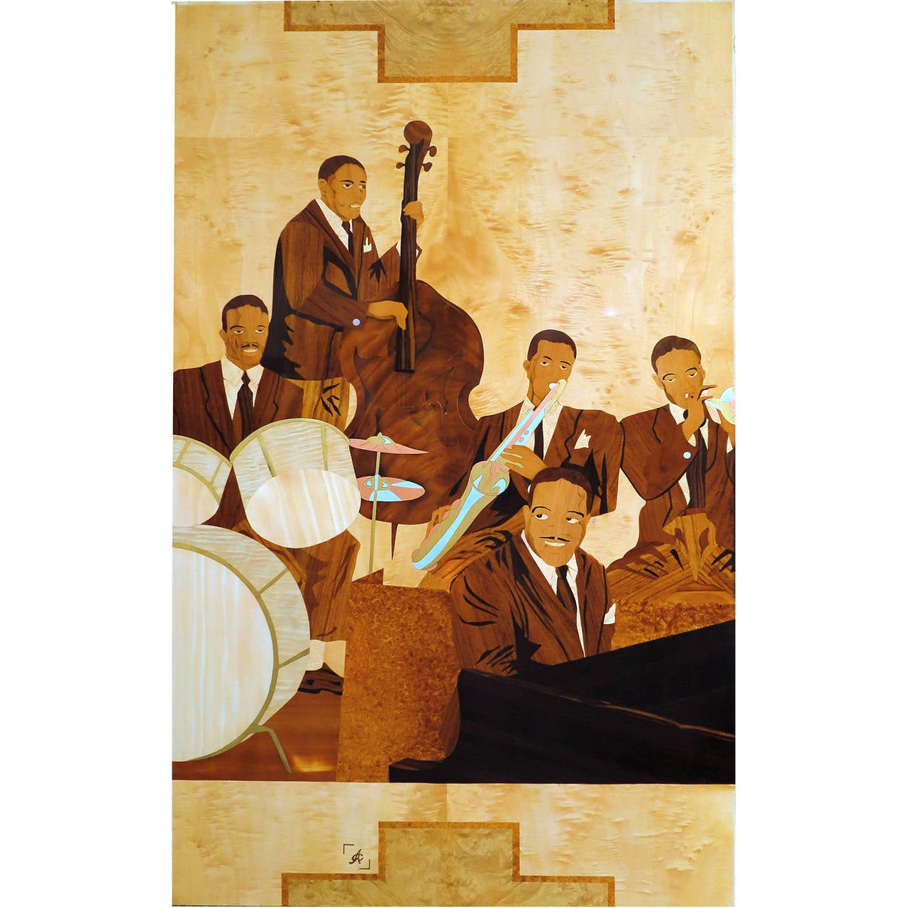 Inlay Set of Four Marquetry Panels of Louis Armstrong's Band from Paris