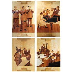 Vintage Set of Four Marquetry Panels of Louis Armstrong's Band from Paris