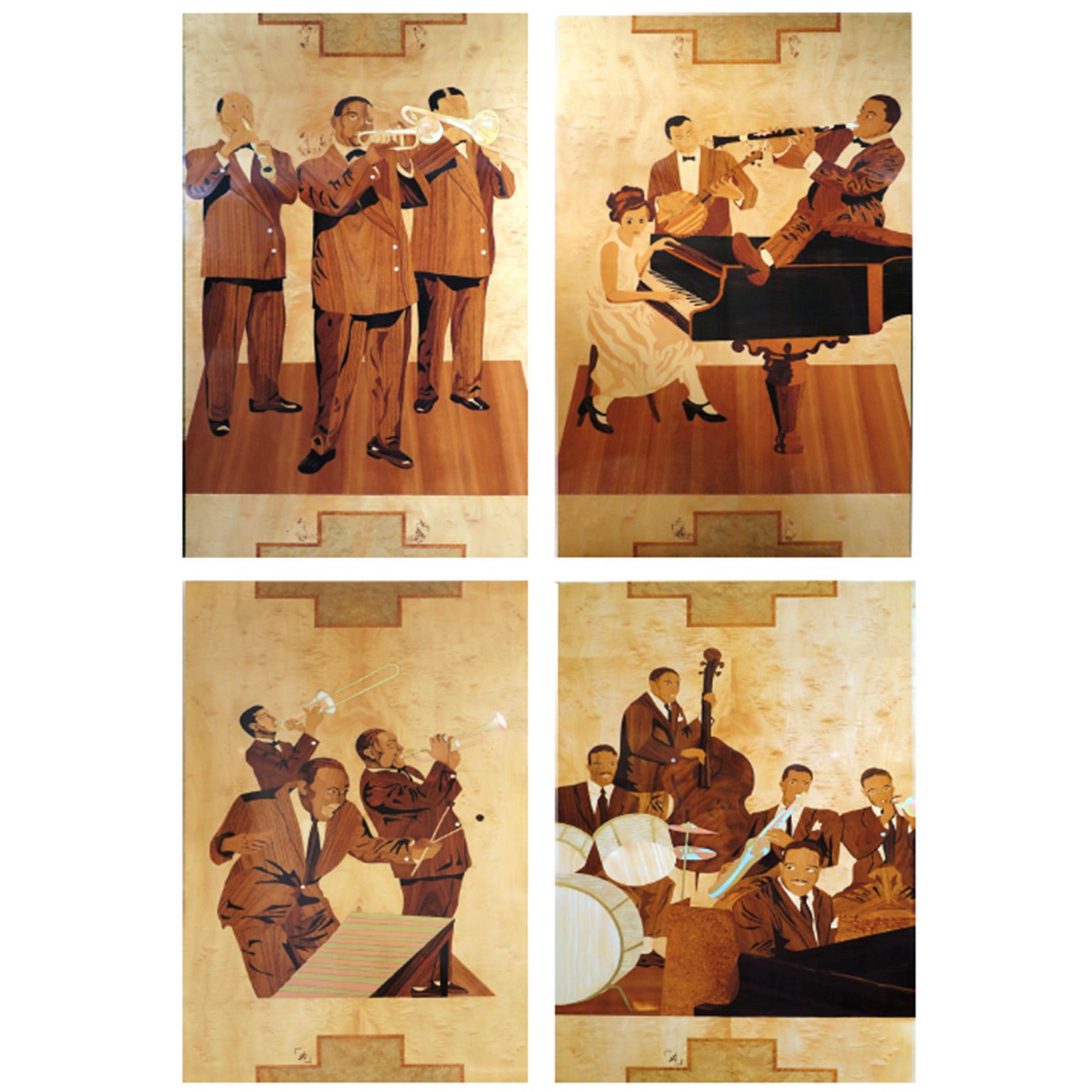 Set of Four Marquetry Panels of Louis Armstrong's Band from Paris