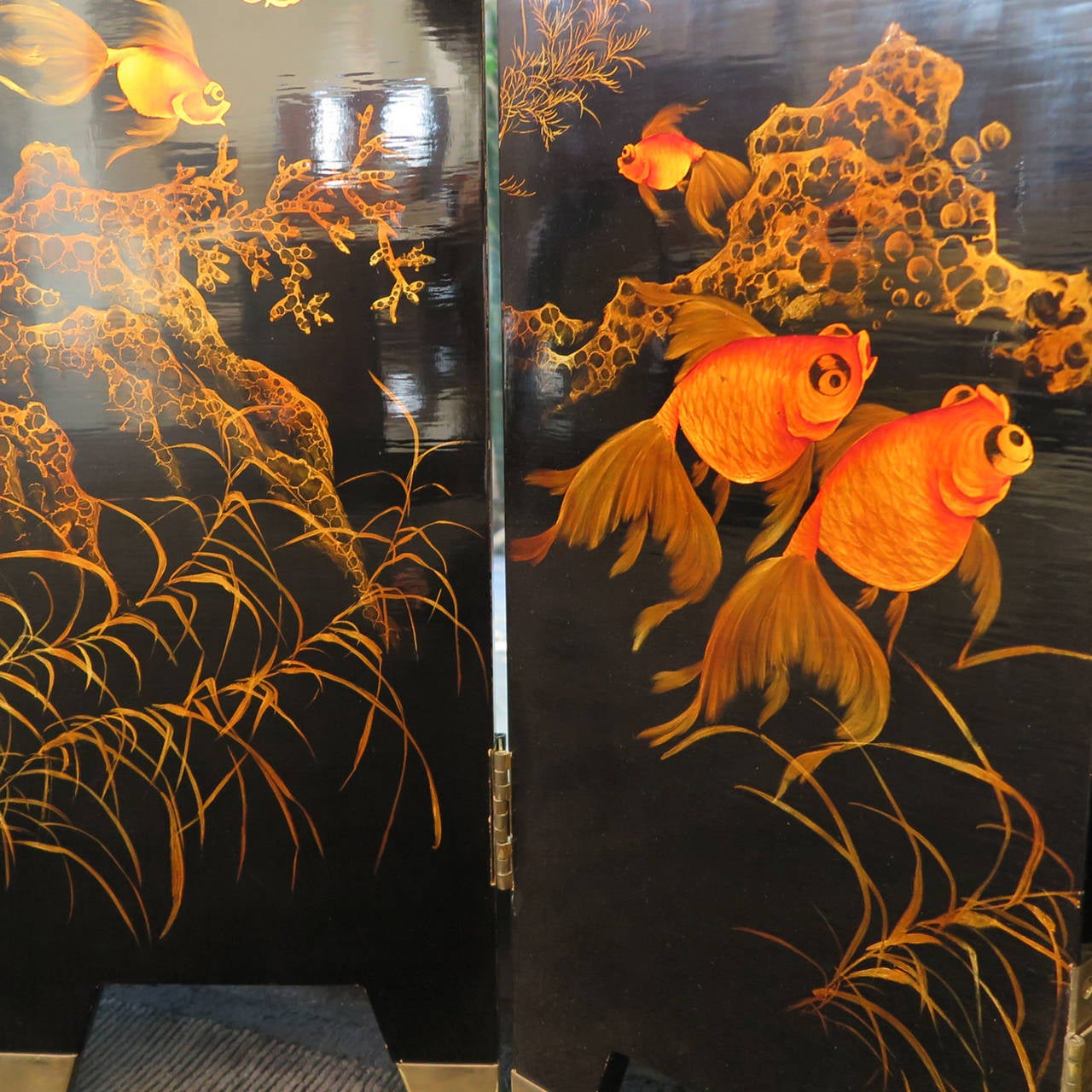 Chinoiserie Goldfish Japanese Lacquer Screen