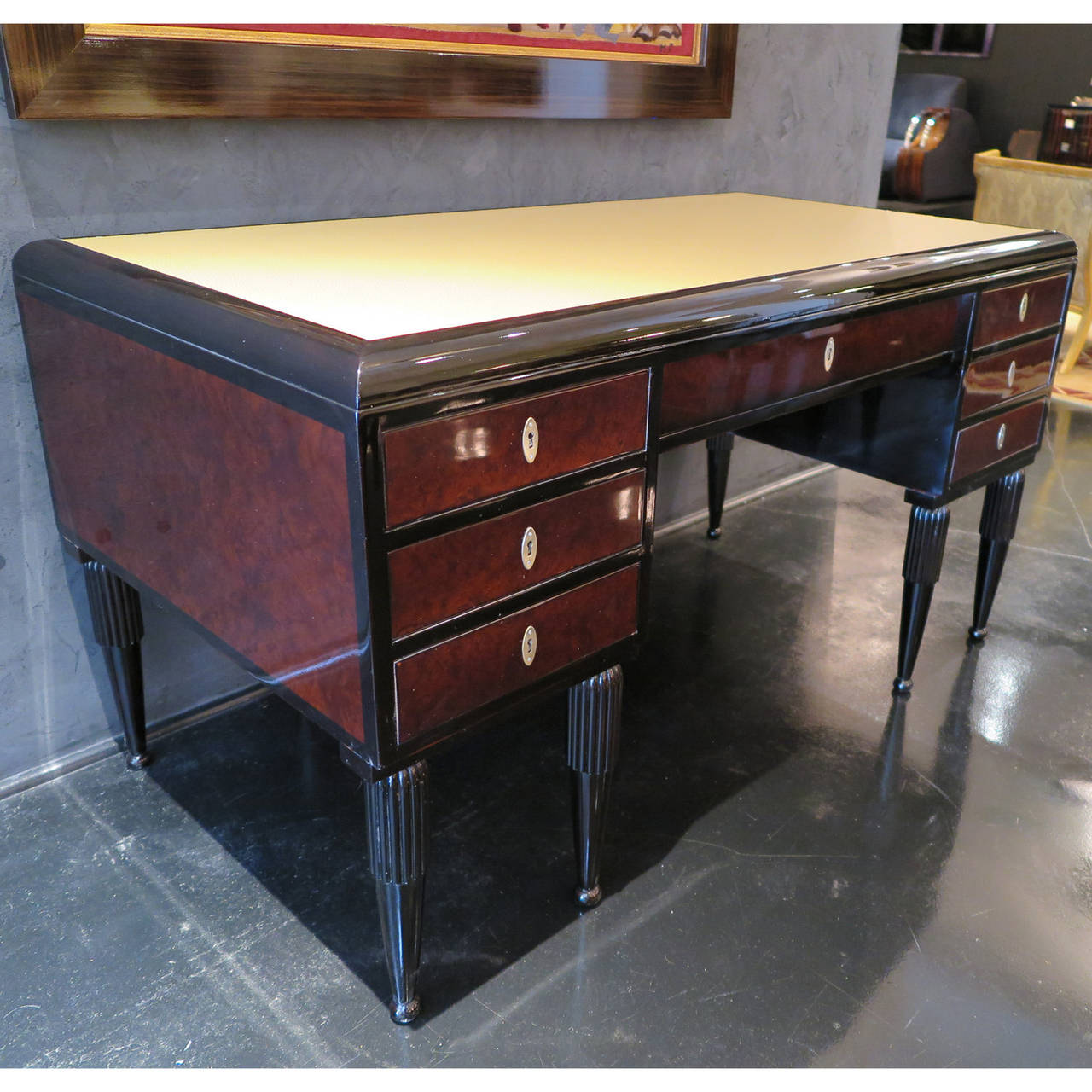 Art Deco Executive Desk in stained Elm Burl with Leather Top