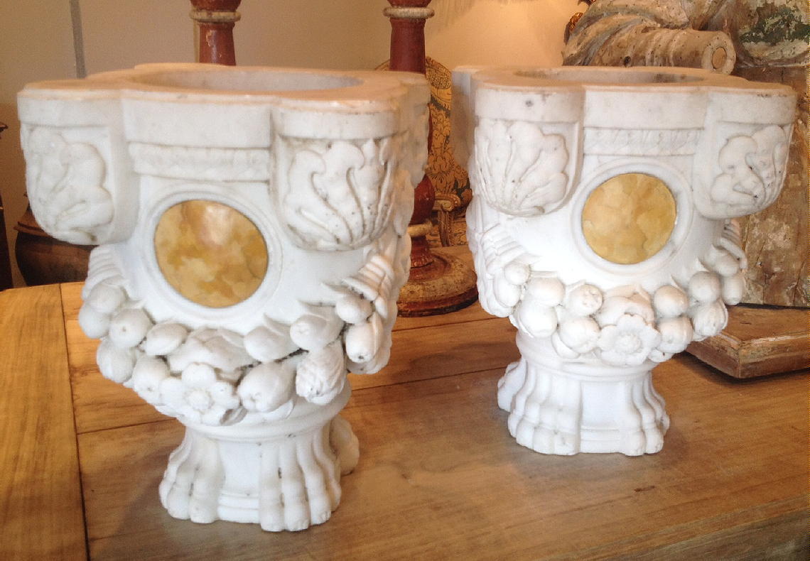 Pair of 19th Century Italian Carved Marble Planters In Excellent Condition In West Palm Beach, FL