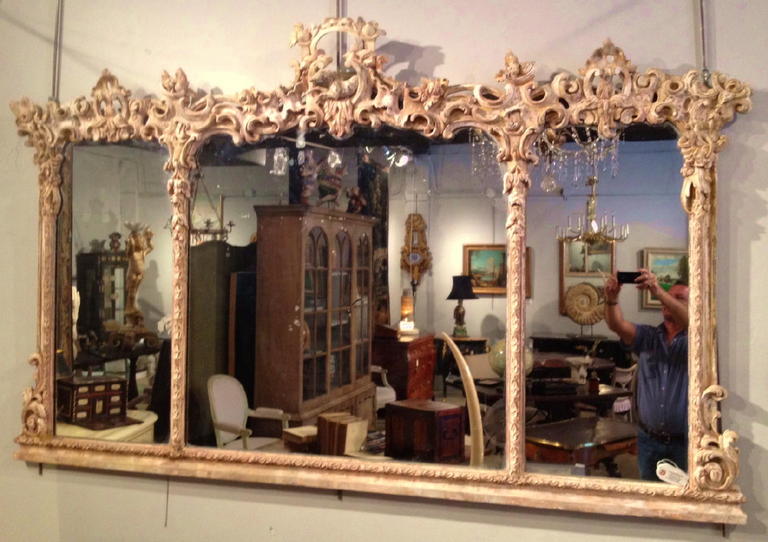 18th Century Georgian Carved and Distressed Gilt Wood Overmantle Mirror.