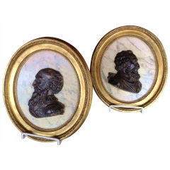 Pair Bronze Medallions Mounted On Marble