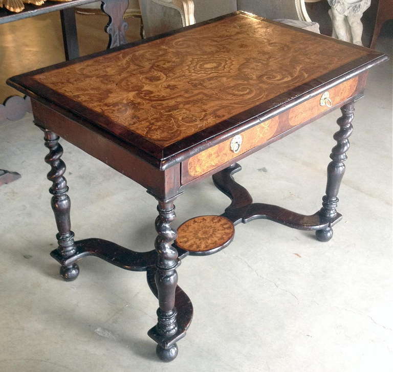19th century William and Mary style one drawer writing table. Very intricate and extremely detailed marquetry inlay throughout. One drawer with original brass pulls. Made by the Hayden Company, New York.