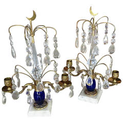 Antique Pair of Cobalt Glass, Crystal, Brass and Marble Candelabrum