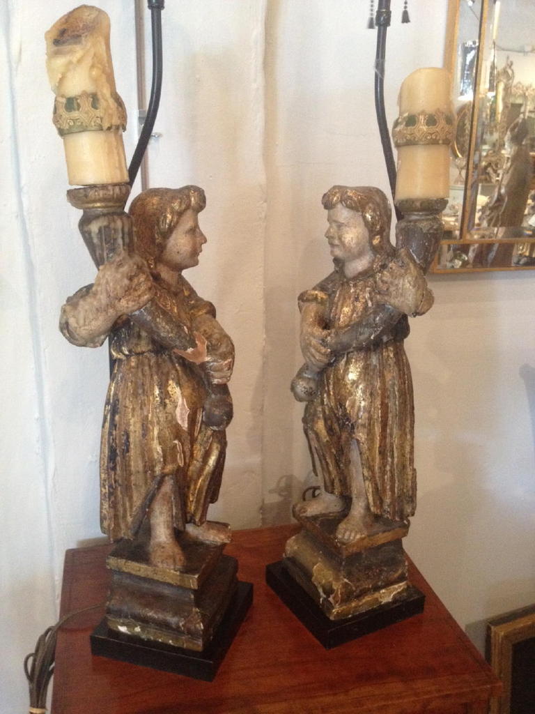 Pair Of 18th Century Candle Bearing Angels In Excellent Condition In West Palm Beach, FL