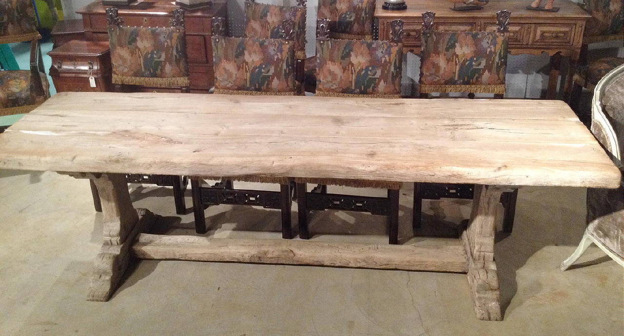 18th Century French Dining Table With Trestle Legs And An H Stretcher. Wonderful Old Worn Patina.