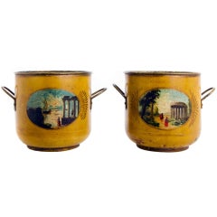Pair Of Scenic Painted Tole Cache Pots