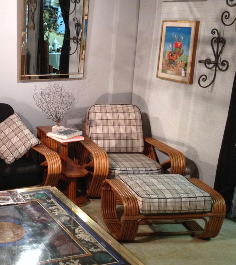 Pair Of Mid Century Rattan Armchairs With A Matching Ottoman. We Have A Sofa And 2 Side Tables That Match This Set Also.