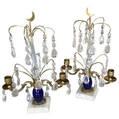 Vintage Pair of Cobalt Glass, Crystal, Brass and Marble Candelabra