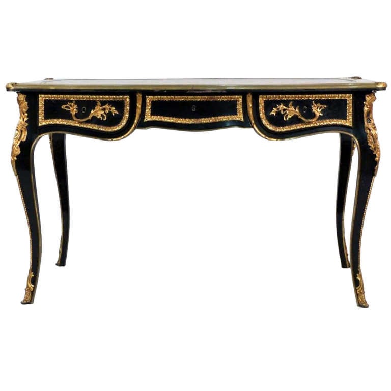 French Louis XV Style Leather Top Ebonized Bureau Plat