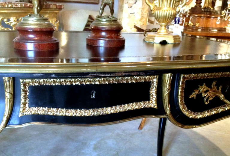 French Louis XV Style Leather Top Ebonized Bureau Plat 1