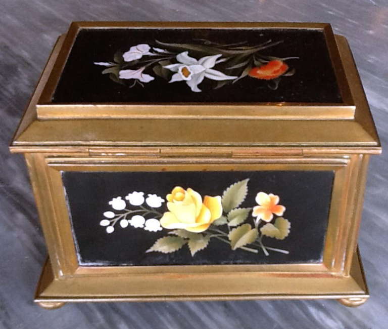 Italian Grand Tour, Pietra Dura Mounted Gilt Bronze Jewelry Box In Excellent Condition In West Palm Beach, FL