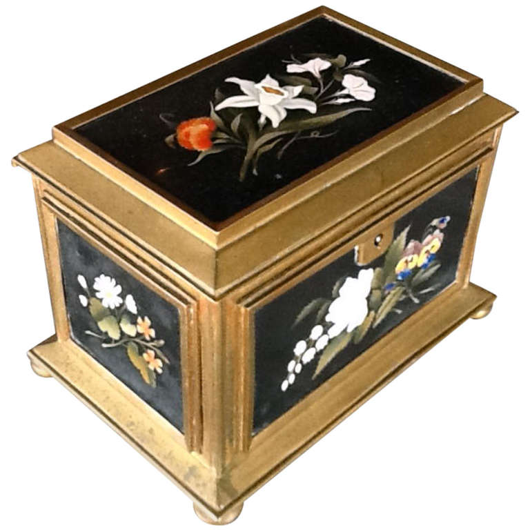 Italian Grand Tour, Pietra Dura Mounted Gilt Bronze Jewelry Box