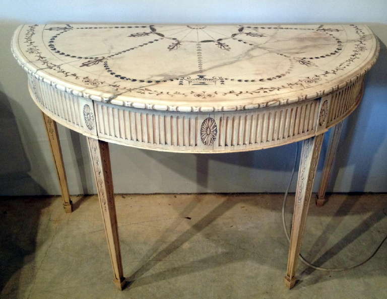 An Early 19th Century English Console Table With Carved Rosettes And Fluted Decoration In A Washed Mahogany Finish With An Incredible Adams Style Inlaid Marble Top.