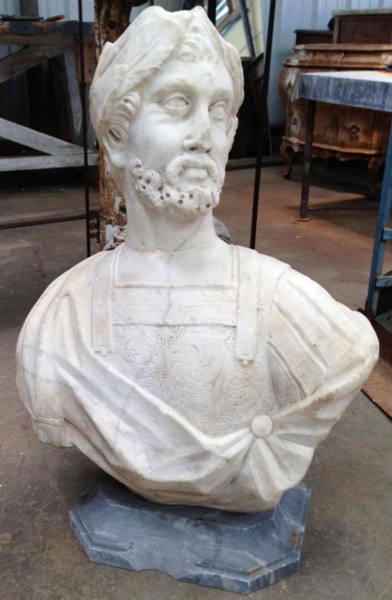 17th or 18th Century Italian Marble Bust Now Mounted On Later Grey Marble Socle.