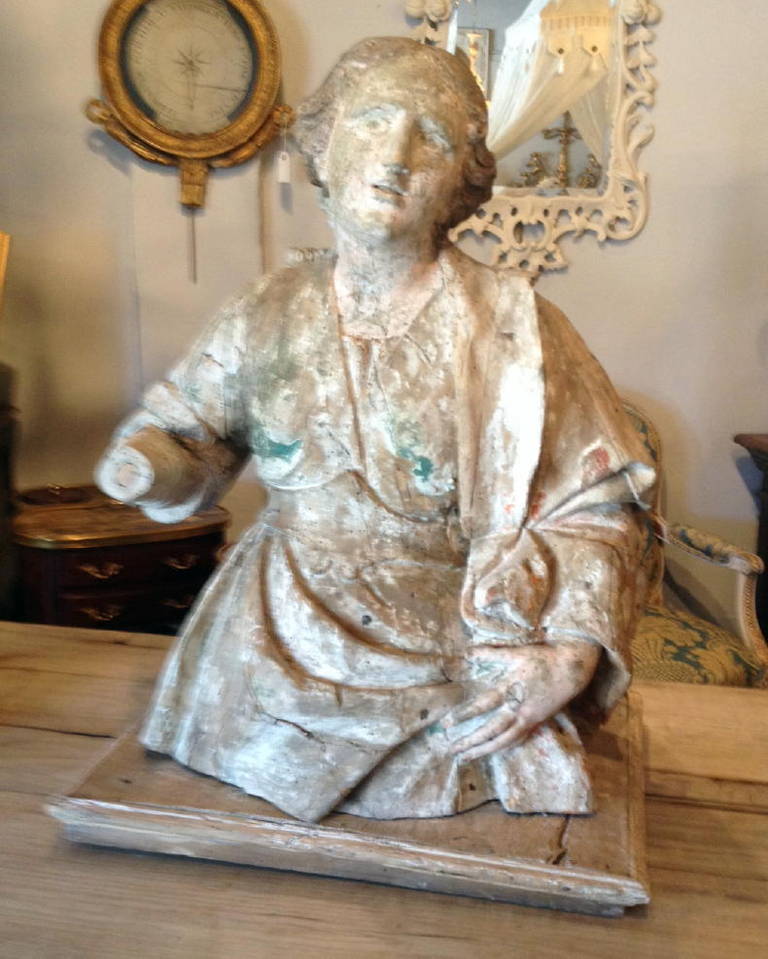 Large Italian Baroque Carved Wood Figure Of A Female Saint. Traces Of Gesso And Original Polychrome Painted Finish.