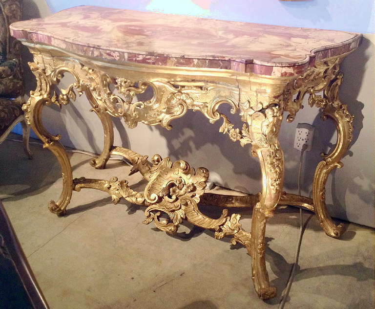 18th Century and Earlier Italian Baroque Giltwood Console Table with Sicilian Jasper Veneered Top