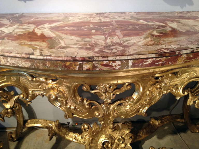 Wood Italian Baroque Giltwood Console Table with Sicilian Jasper Veneered Top