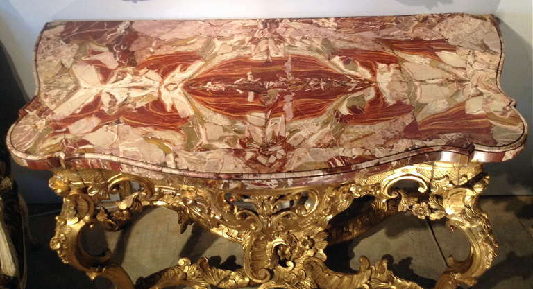 Italian Baroque Giltwood Console Table with Sicilian Jasper Veneered Top 1